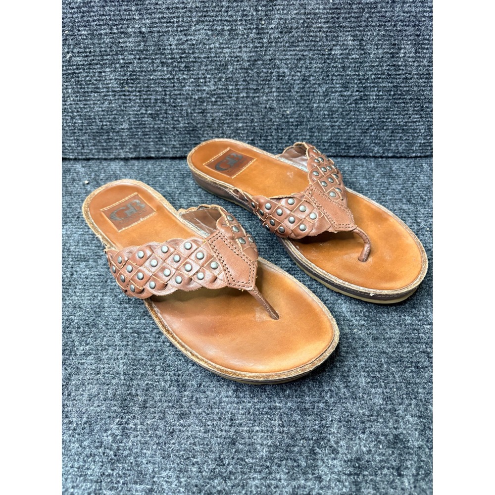 Gianni Bini Brown Leather Studded Woven Thong Sandals‎ Womens 7M Boho Flats